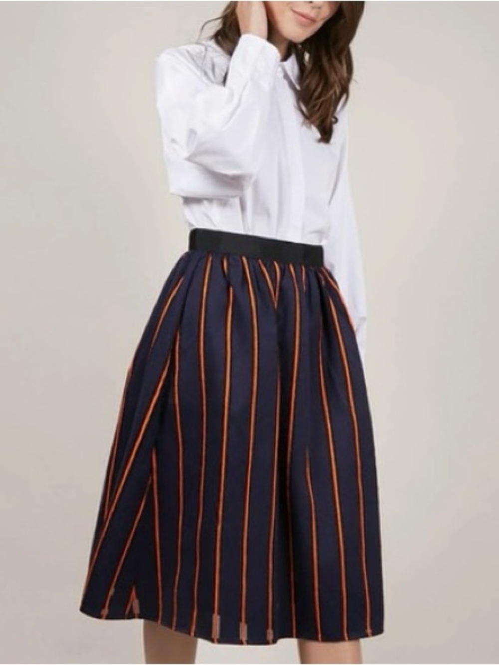 FRNCH BlueMarine Navy Striped A-Line Midi Skirt with Orange Piping